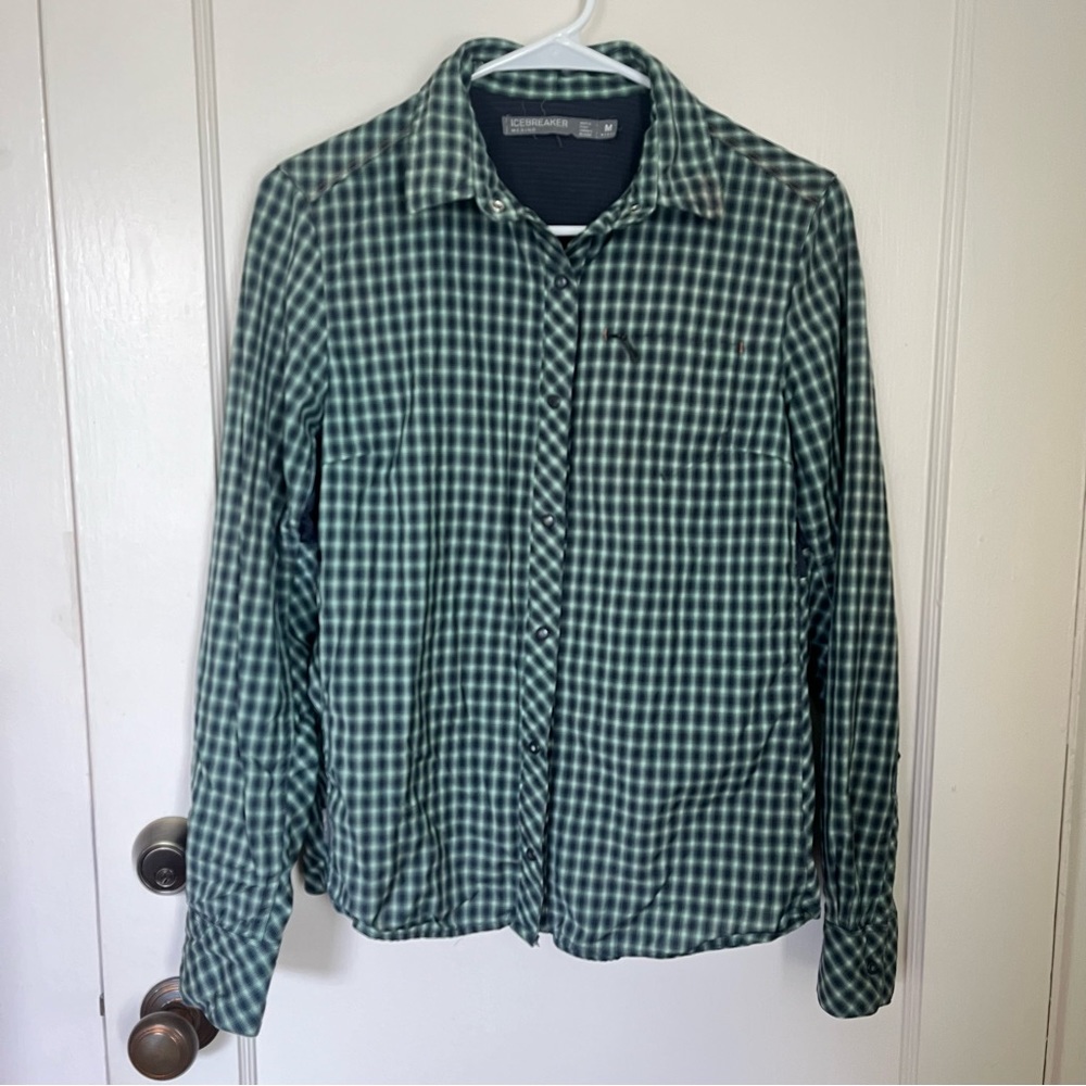 Icebreaker Merino Wool Long Sleeve Blue Green Plaid Snap Button Down Shirt
